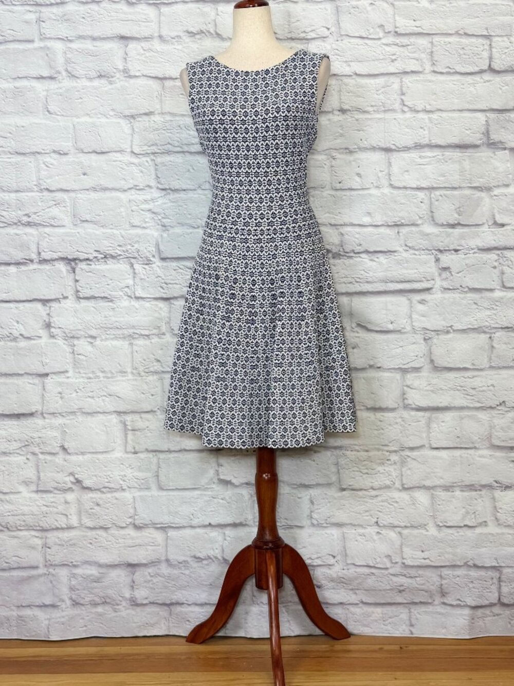 Milly Navy Blue & White Sleeveless Fit & Flare Dress